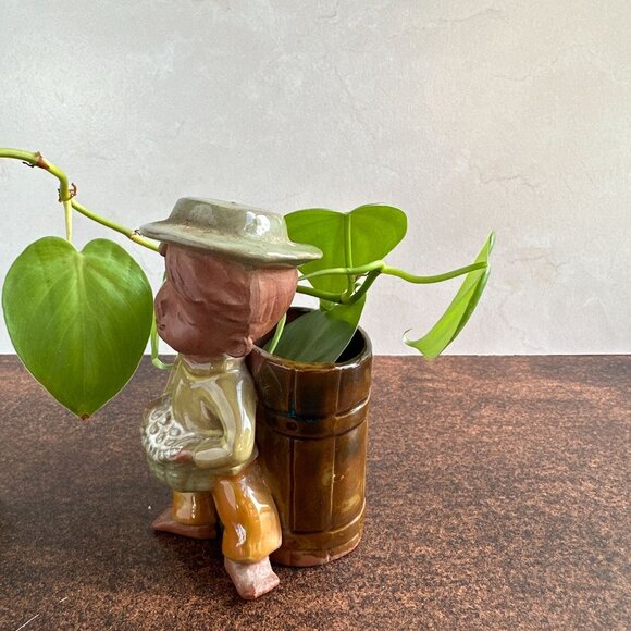 Terracotta Clay Succulent Planter Boy Holding Basket - Picture 3 of 14